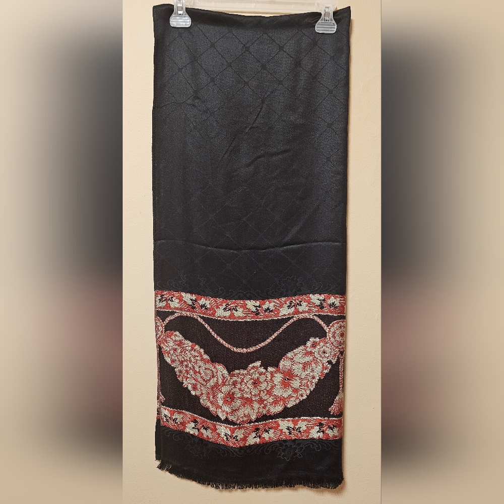 NWOB,Black Cashmere Multicoloured Embroidered Shawl, Wrap (28 x 68 inches)  B1z